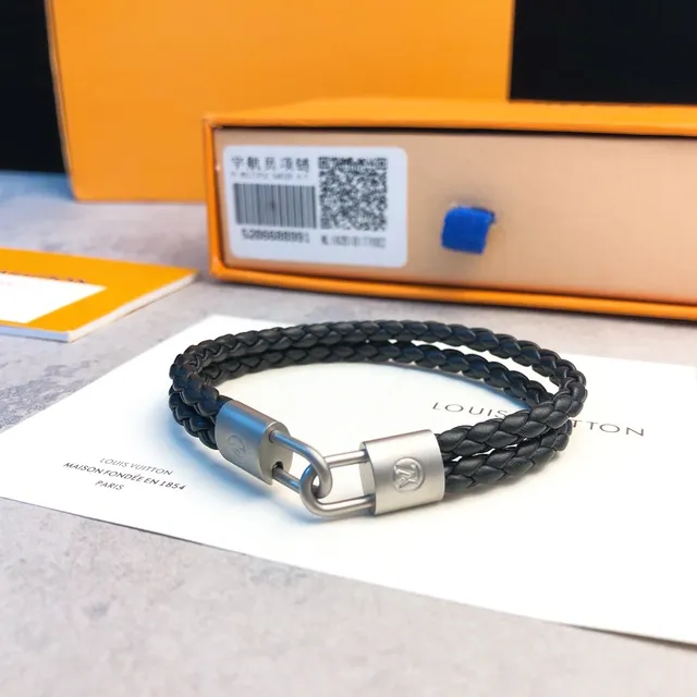 Louis Vuitton Lockit Black Silver Braided Leather Double-Cord Bracelet 2