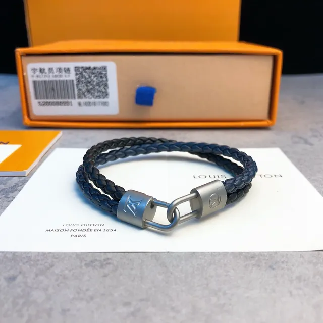 Louis Vuitton Lockit Black Silver Braided Leather Double-Cord Bracelet 4
