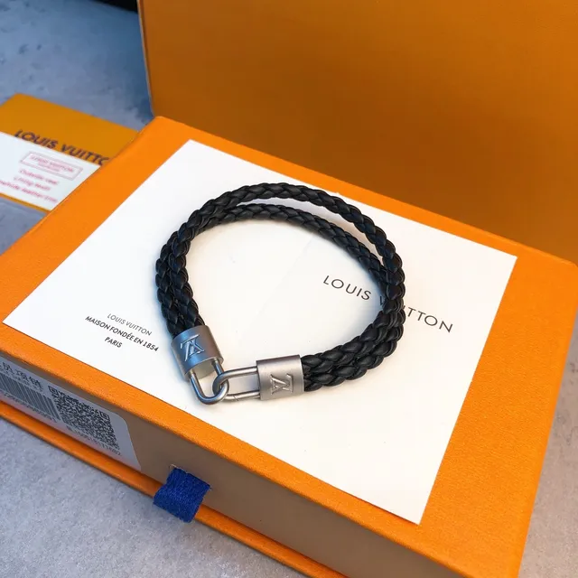 Louis Vuitton Lockit Black Silver Braided Leather Double-Cord Bracelet 7