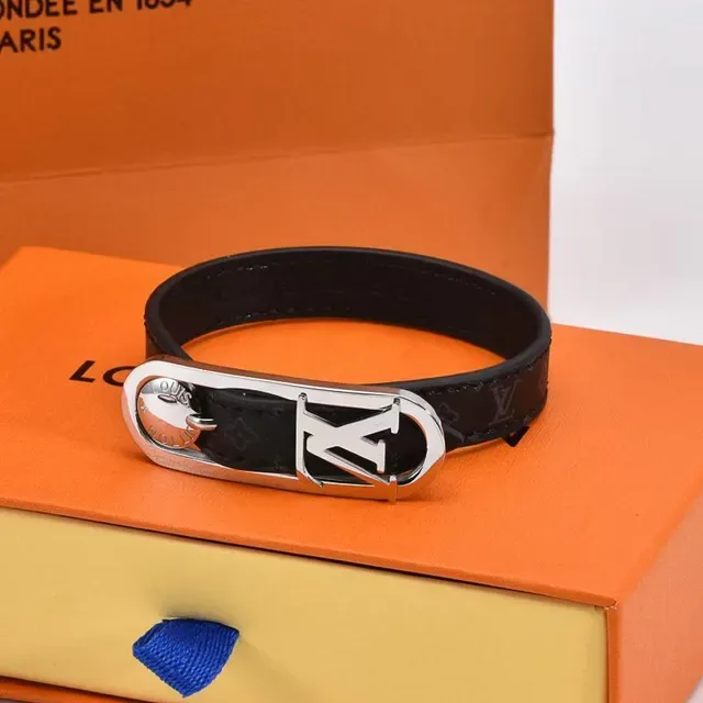 Louis Vuitton Lockit Monogram Black Leather and Silver-Tone Bracelet 2