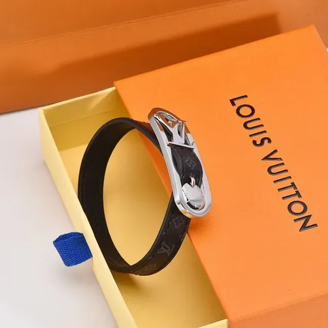 Louis Vuitton Lockit Monogram Black Leather and Silver-Tone Bracelet 3