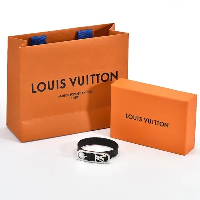 Louis Vuitton Lockit Monogram Black Leather and Silver-Tone Bracelet 4