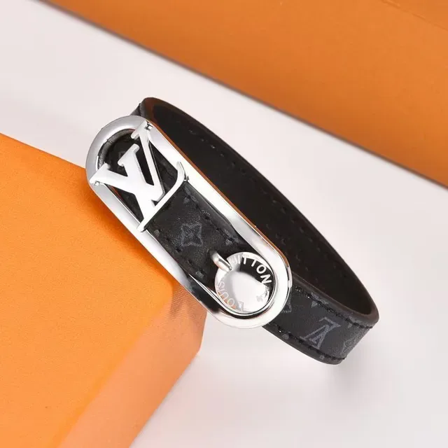 Louis Vuitton Lockit Monogram Black Leather and Silver-Tone Bracelet 5