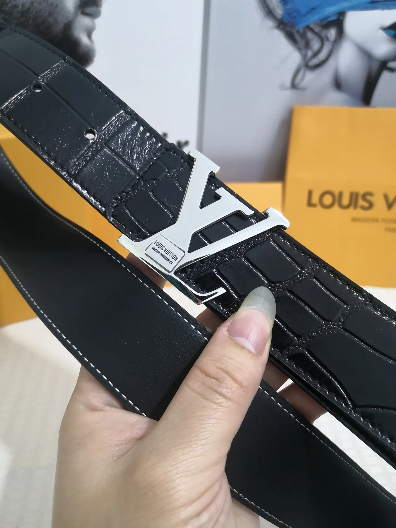 Louis Vuitton LV Belt Black Crocodile-Embossed Leather Belt 6