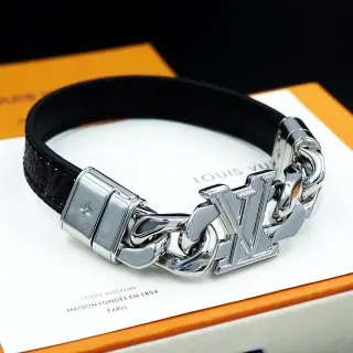 Louis Vuitton LV Chain Black Leather and Silver-Tone Metal Bracelet