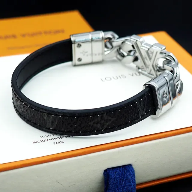 Louis Vuitton LV Chain Black Leather and Silver-Tone Metal Bracelet 2