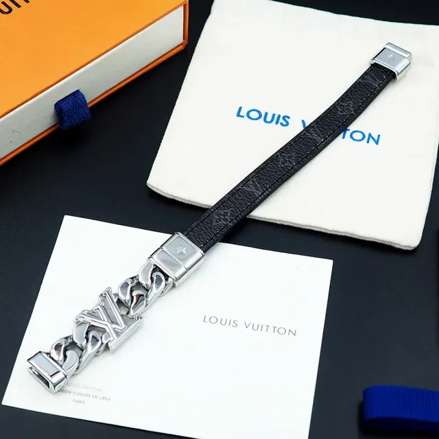 Louis Vuitton LV Chain Black Leather and Silver-Tone Metal Bracelet 3