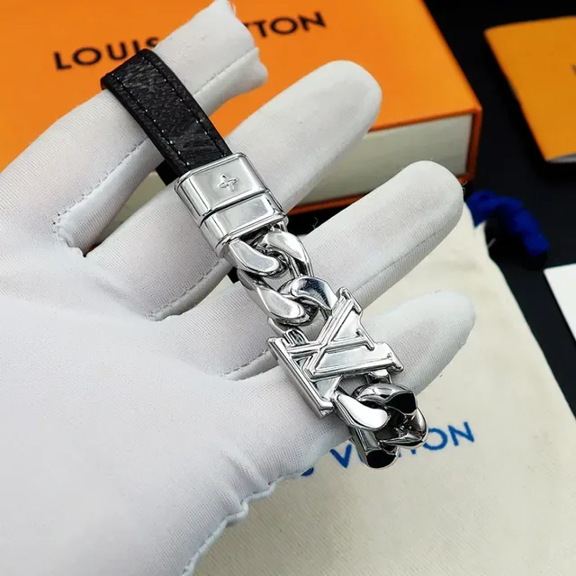 Louis Vuitton LV Chain Black Leather and Silver-Tone Metal Bracelet 5