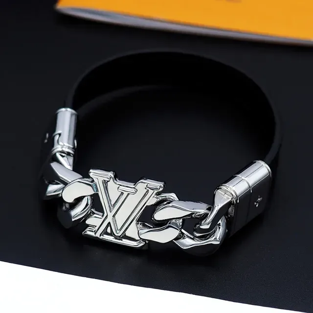 Louis Vuitton LV Chain Black Leather and Silver-Tone Metal Bracelet 7