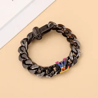 Louis Vuitton LV Chain Bracelet Black Multicolor Matte Curb-Link Engraved Monograms Bracelet