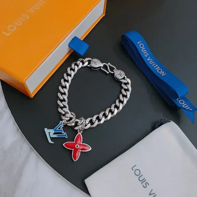 Louis Vuitton LV Chain Silver Red Curb-Link Enamel Charms Bracelet 3