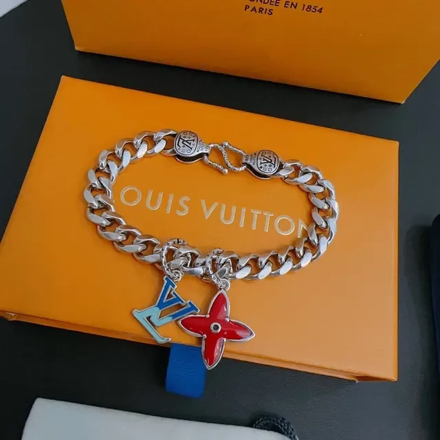 Louis Vuitton LV Chain Silver Red Curb-Link Enamel Charms Bracelet 4