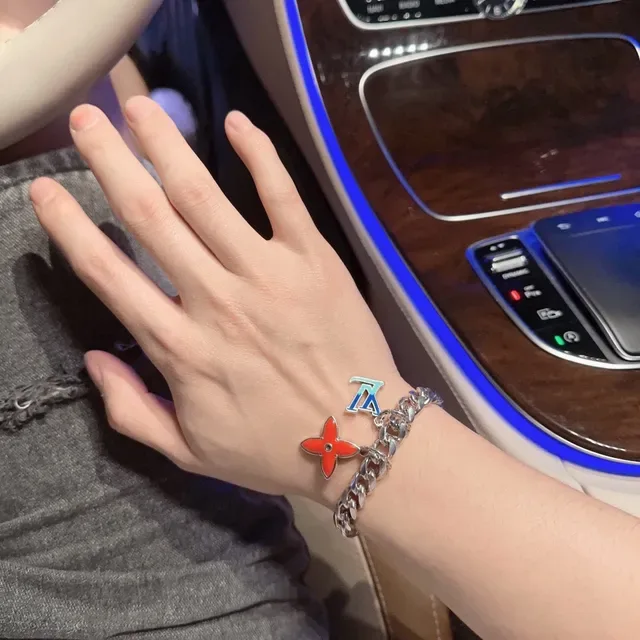 Louis Vuitton LV Chain Silver Red Curb-Link Enamel Charms Bracelet 5
