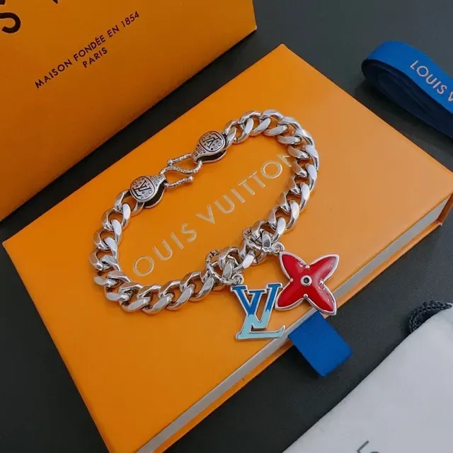 Louis Vuitton LV Chain Silver Red Curb-Link Enamel Charms Bracelet 6