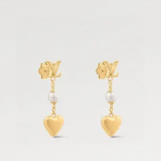 Louis Vuitton LV Heart Gold White Monogram-Top Pearl-Detailed Earrings