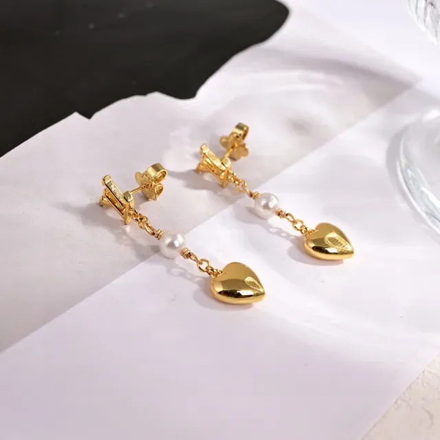 Louis Vuitton LV Heart Gold White Monogram-Top Pearl-Detailed Earrings 3