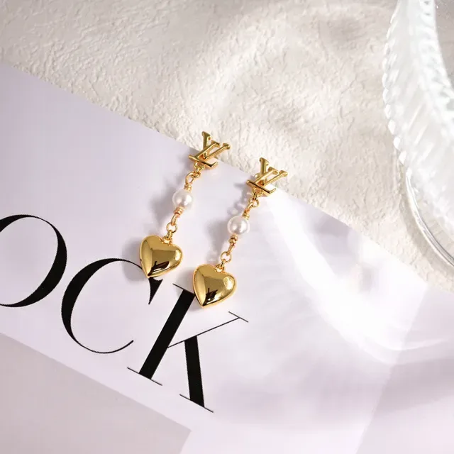 Louis Vuitton LV Heart Gold White Monogram-Top Pearl-Detailed Earrings 7
