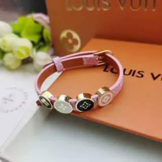 Louis Vuitton LV Icons Pink Gold Leather Strap Enamel Charm Accents Bracelet