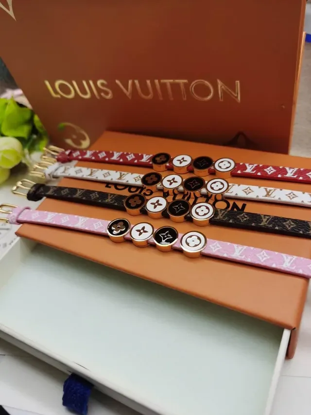 Louis Vuitton LV Icons Pink Gold Leather Strap Enamel Charm Accents Bracelet 2