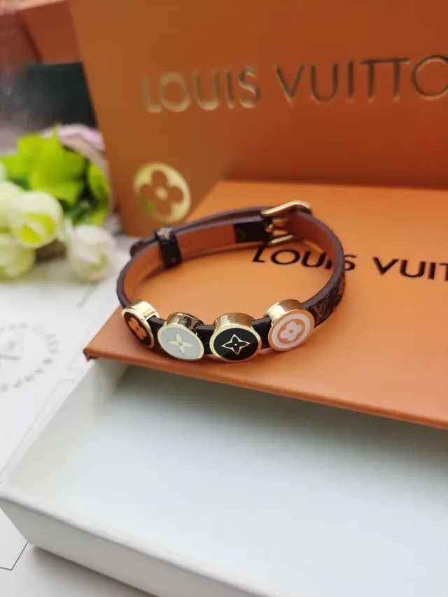 Louis Vuitton LV Icons Pink Gold Leather Strap Enamel Charm Accents Bracelet 3