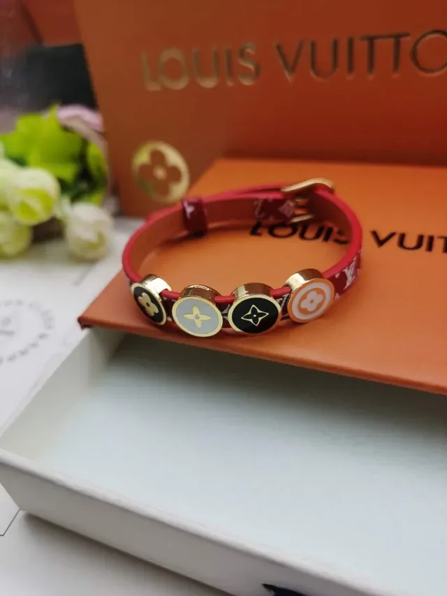 Louis Vuitton LV Icons Pink Gold Leather Strap Enamel Charm Accents Bracelet 4
