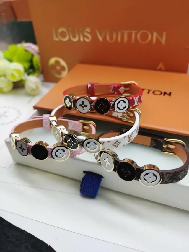 Louis Vuitton LV Icons Pink Gold Leather Strap Enamel Charm Accents Bracelet 6