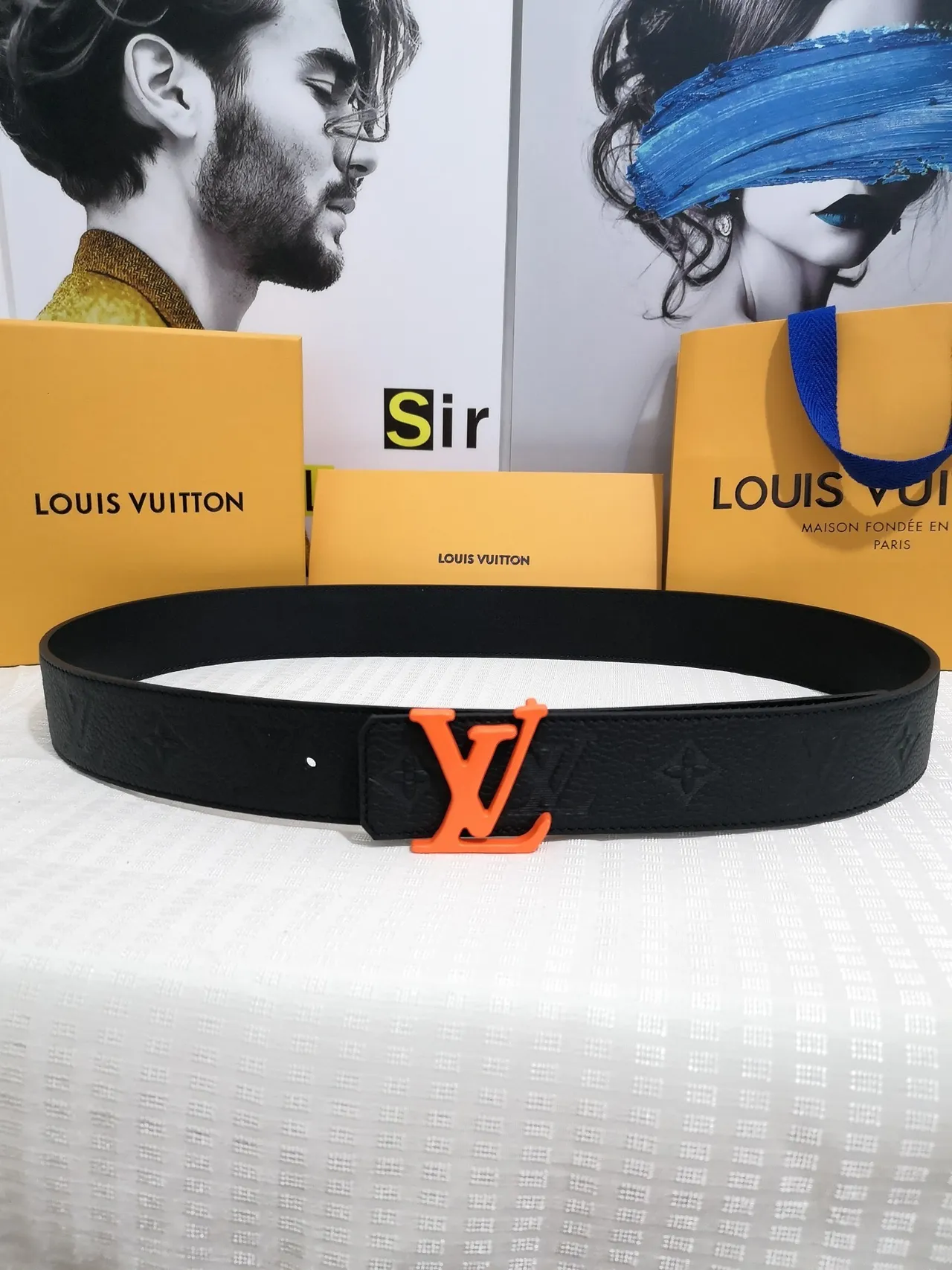 Louis Vuitton LV Initiales Black Orange Embossed Monogram Textured Leather Belt 3