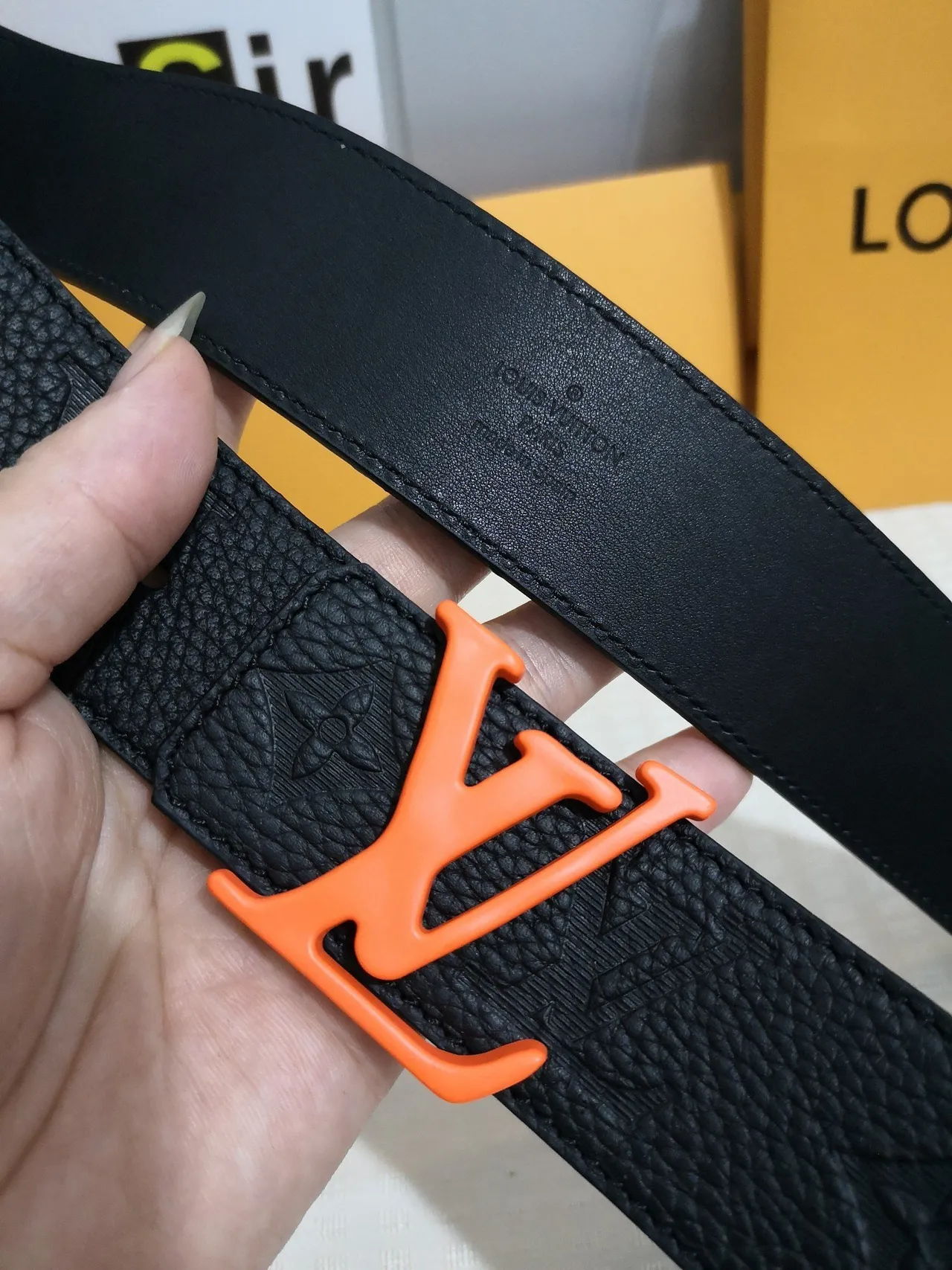 Louis Vuitton LV Initiales Black Orange Embossed Monogram Textured Leather Belt 4