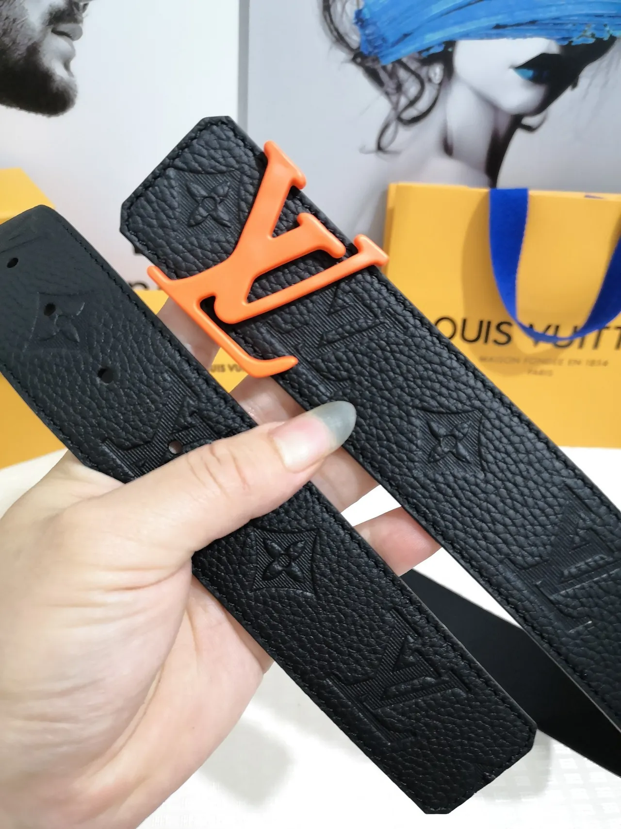 Louis Vuitton LV Initiales Black Orange Embossed Monogram Textured Leather Belt 5