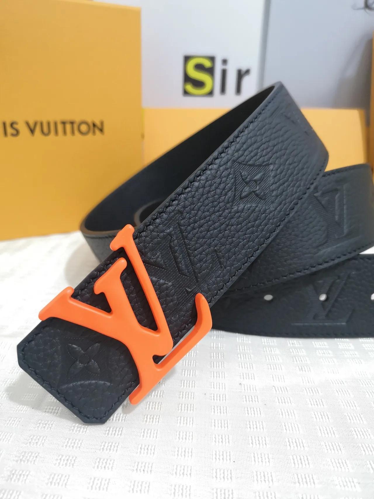 Louis Vuitton LV Initiales Black Orange Embossed Monogram Textured Leather Belt 7
