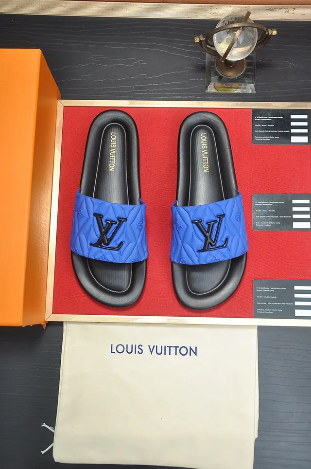 Louis Vuitton LV Slide Blue Black Quilted Strap Raised Monogram Logo Slippers 2