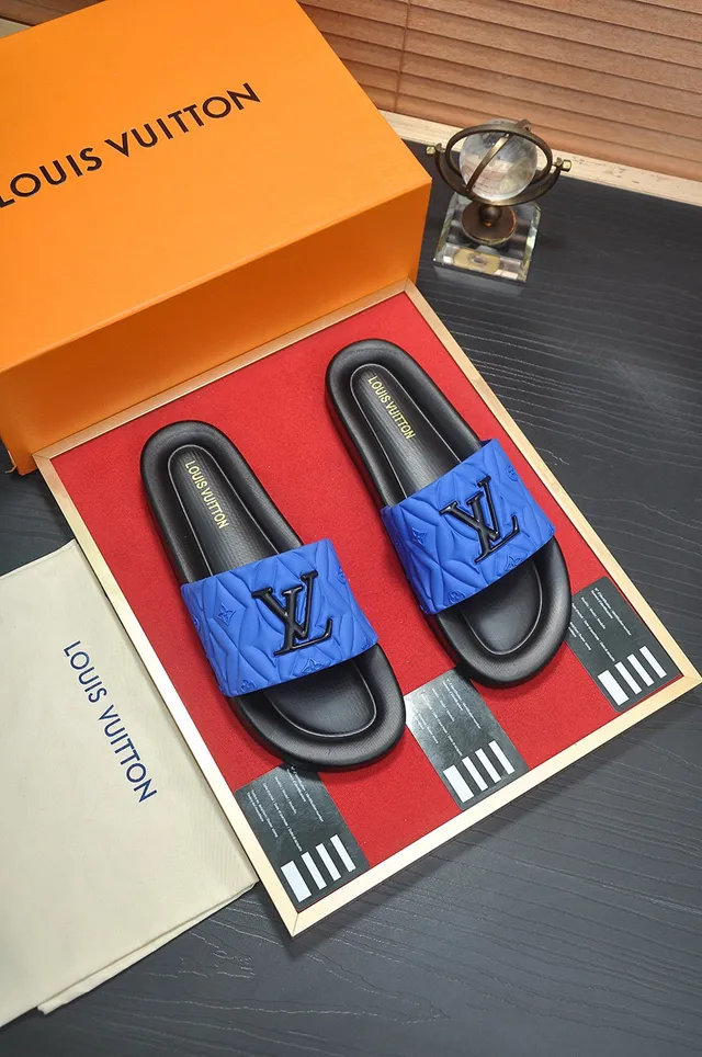 Louis Vuitton LV Slide Blue Black Quilted Strap Raised Monogram Logo Slippers 3