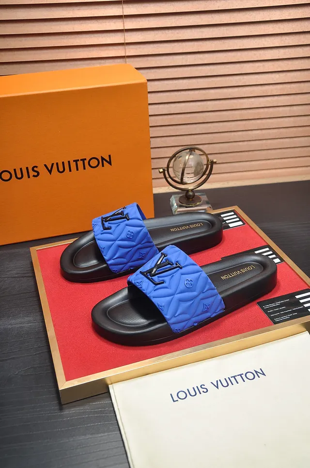 Louis Vuitton LV Slide Blue Black Quilted Strap Raised Monogram Logo Slippers 4