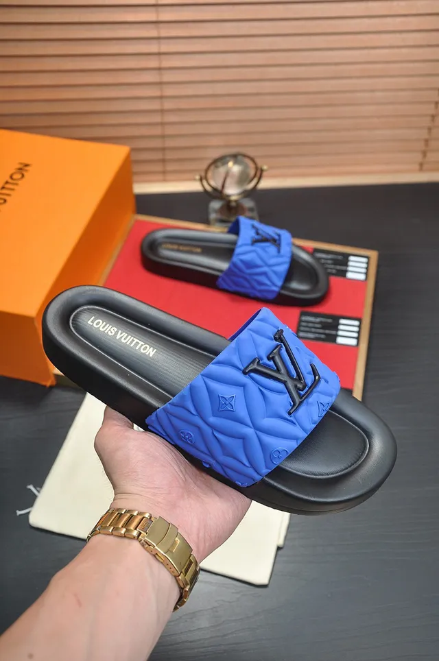Louis Vuitton LV Slide Blue Black Quilted Strap Raised Monogram Logo Slippers 5