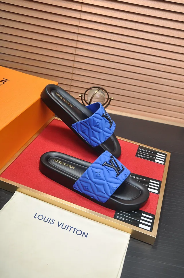 Louis Vuitton LV Slide Blue Black Quilted Strap Raised Monogram Logo Slippers 6
