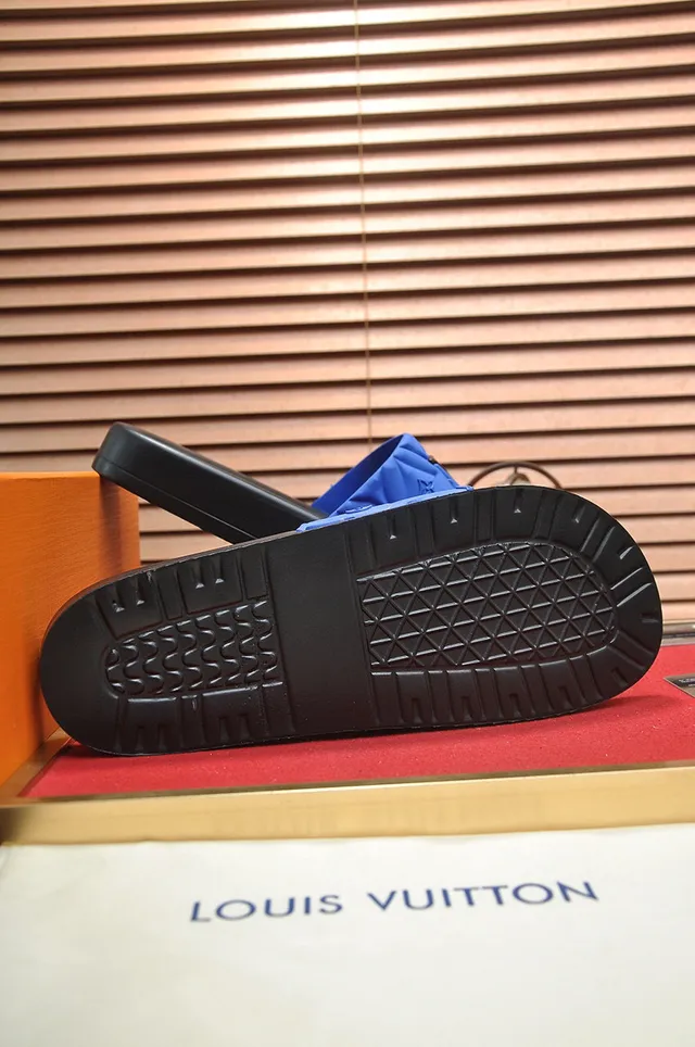 Louis Vuitton LV Slide Blue Black Quilted Strap Raised Monogram Logo Slippers 7