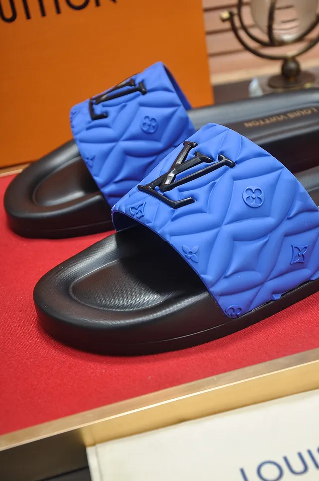 Louis Vuitton LV Slide Blue Black Quilted Strap Raised Monogram Logo Slippers 8