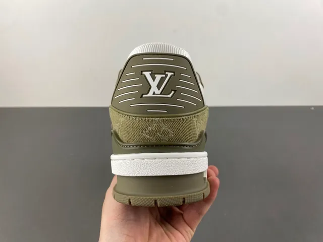 Louis Vuitton LV Trainer Army Green White Layered Monogram Canvas And Leather Lifestyle Sneakers 4