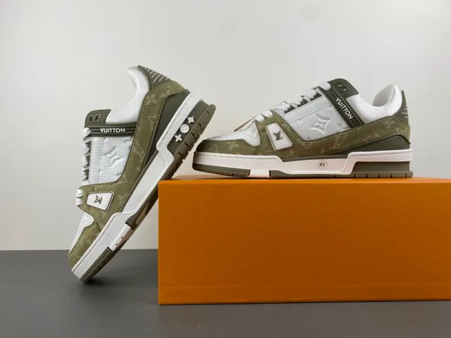 Louis Vuitton LV Trainer Army Green White Layered Monogram Canvas And Leather Lifestyle Sneakers 14