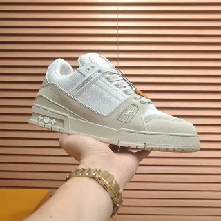 Louis Vuitton LV Trainer Beige White Structured Layered Midsole Mesh-Suede-Leather Paneling Lifestyle Sneakers
