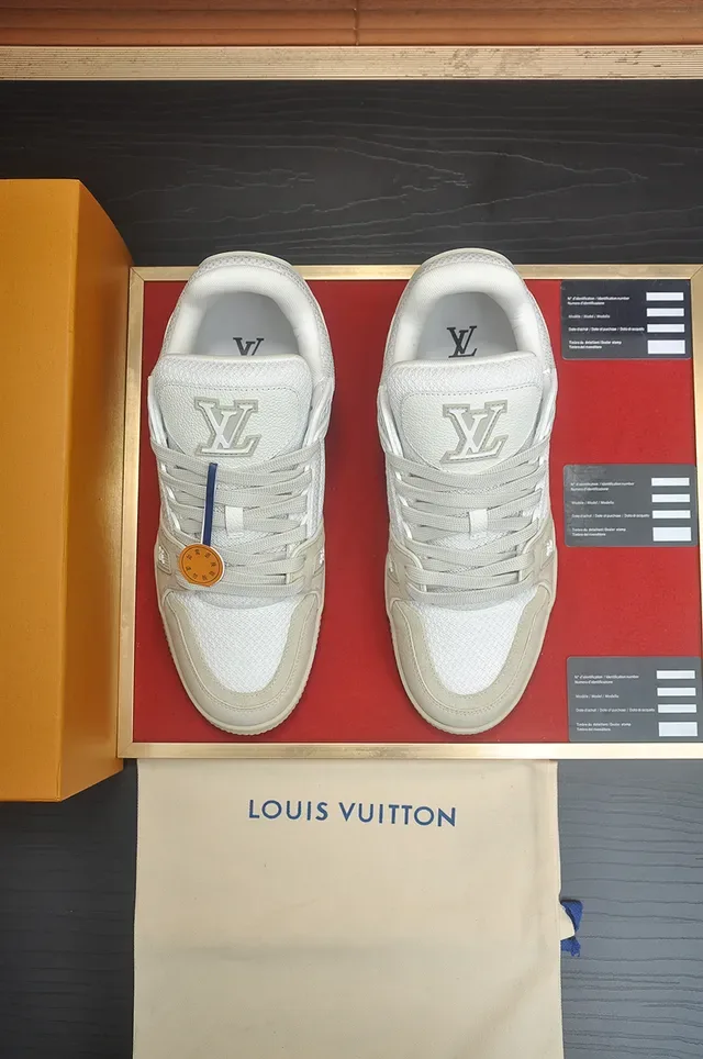 Louis Vuitton LV Trainer بيج أبيض هيكلية متعددة الطبقات ميد سول نسيج سويد جلد ترصيف أحذية لايف ستايل 5