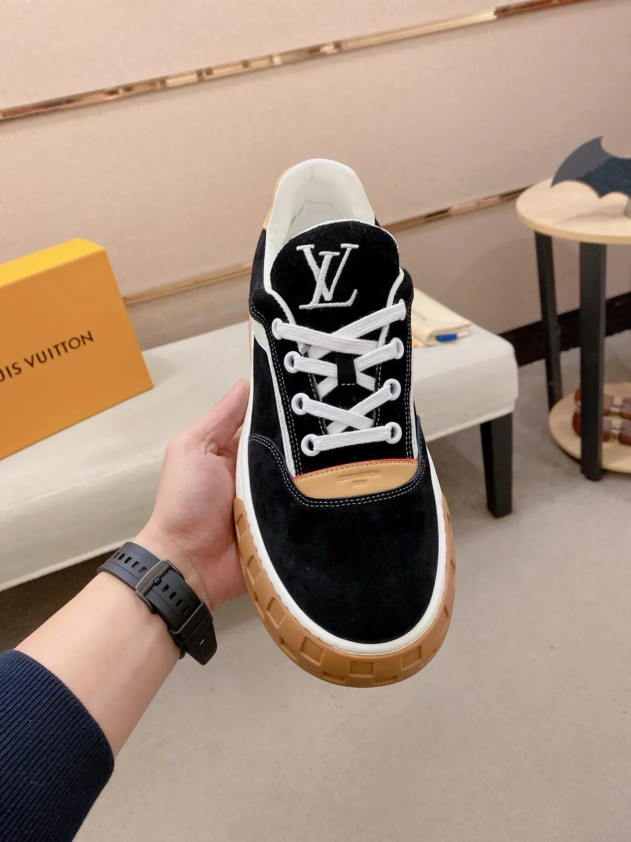 Louis Vuitton LV Trainer Black Beige Suede And Leather Panelled Contrast-Stripe Side Lifestyle Sneakers 2