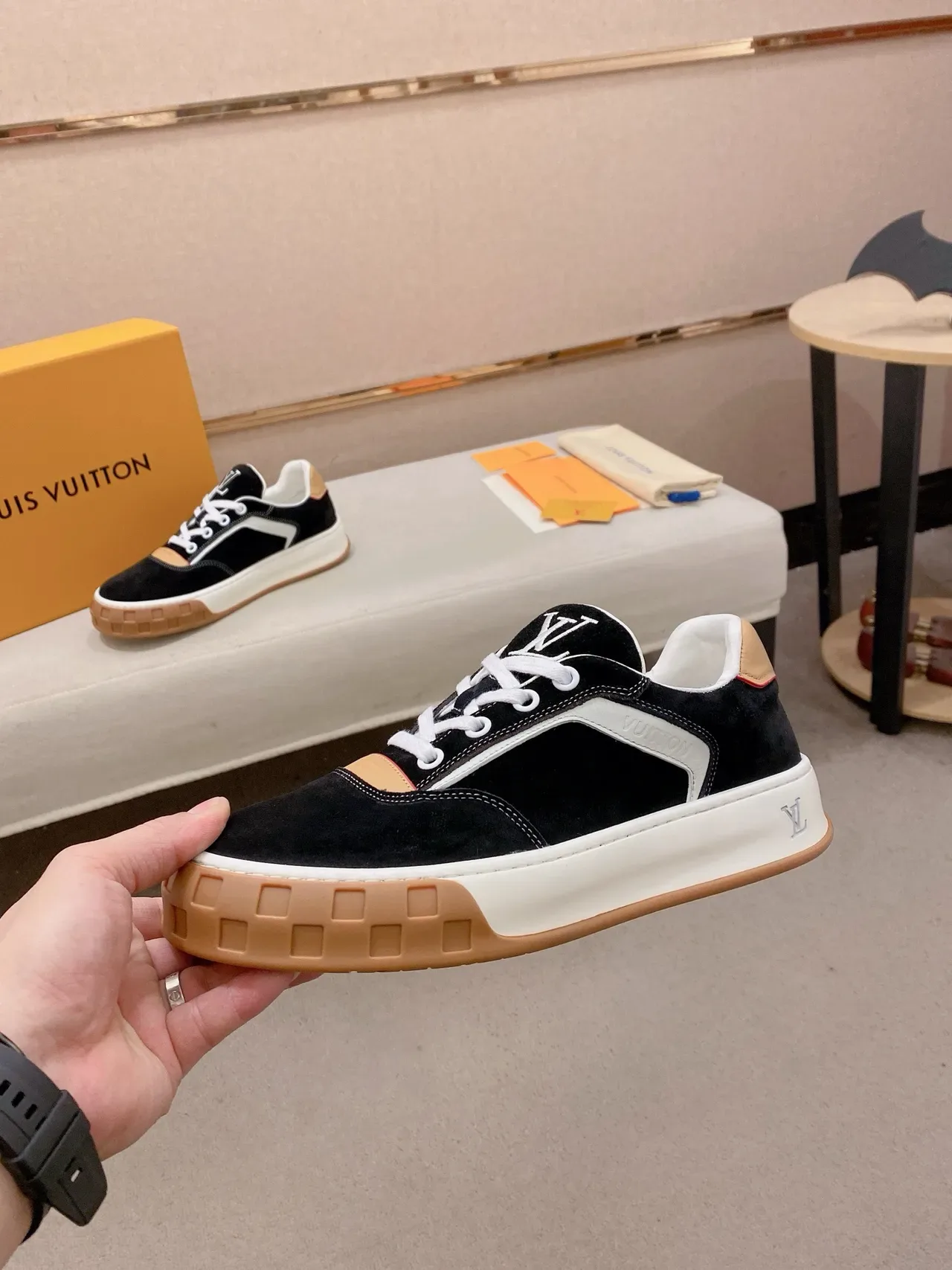 Louis Vuitton LV Trainer Black Beige Suede And Leather Panelled Contrast-Stripe Side Lifestyle Sneakers 3