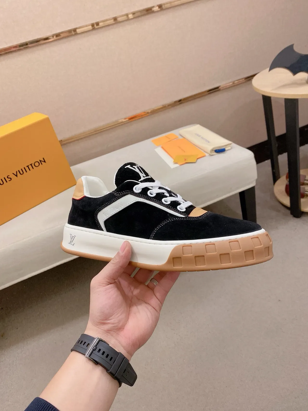 Louis Vuitton LV Trainer Black Beige Suede And Leather Panelled Contrast-Stripe Side Lifestyle Sneakers 4