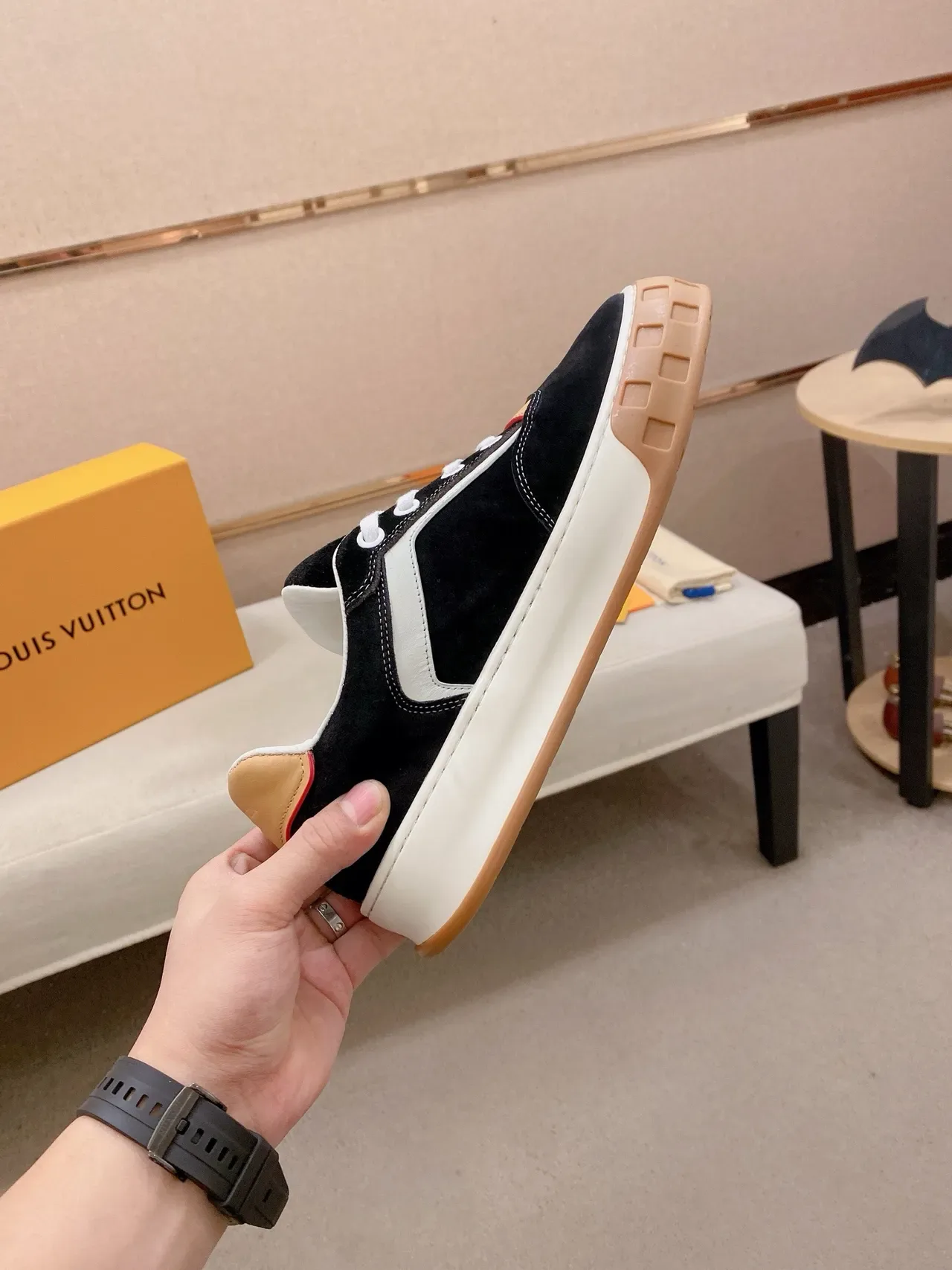 Louis Vuitton LV Trainer Black Beige Suede And Leather Panelled Contrast-Stripe Side Lifestyle Sneakers 5