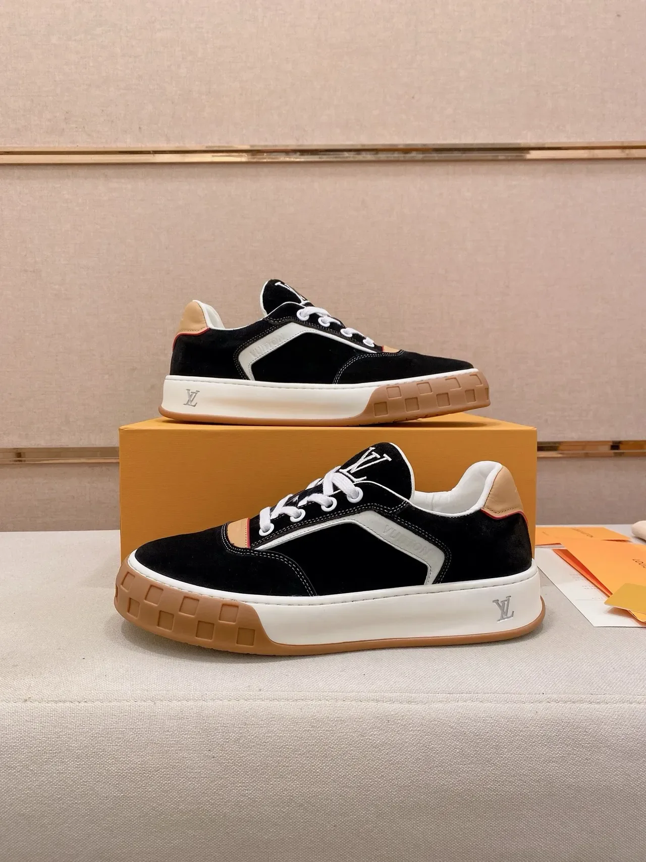 Louis Vuitton LV Trainer Black Beige Suede And Leather Panelled Contrast-Stripe Side Lifestyle Sneakers 8