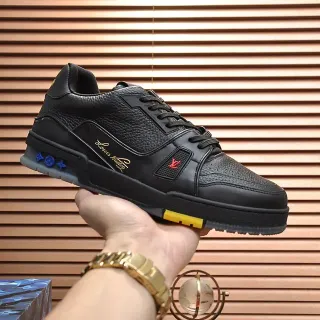 Louis Vuitton LV Trainer Negro Dorado Cuero Granulado Superior Suela Gruesa Plataforma Zapatillas Lifestyle