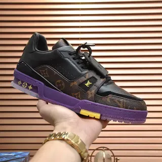 Louis Vuitton LV Trainer Negro Púrpura Monograma Lona Cuero Superposición Estilo de Vida Sneakers