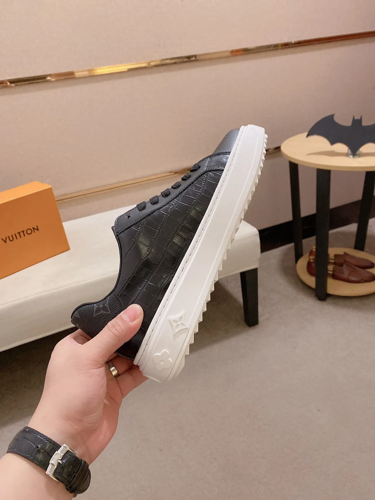 Louis Vuitton LV Trainer Black White Crocodile-Embossed Leather Platform Sole Lifestyle Sneakers 5