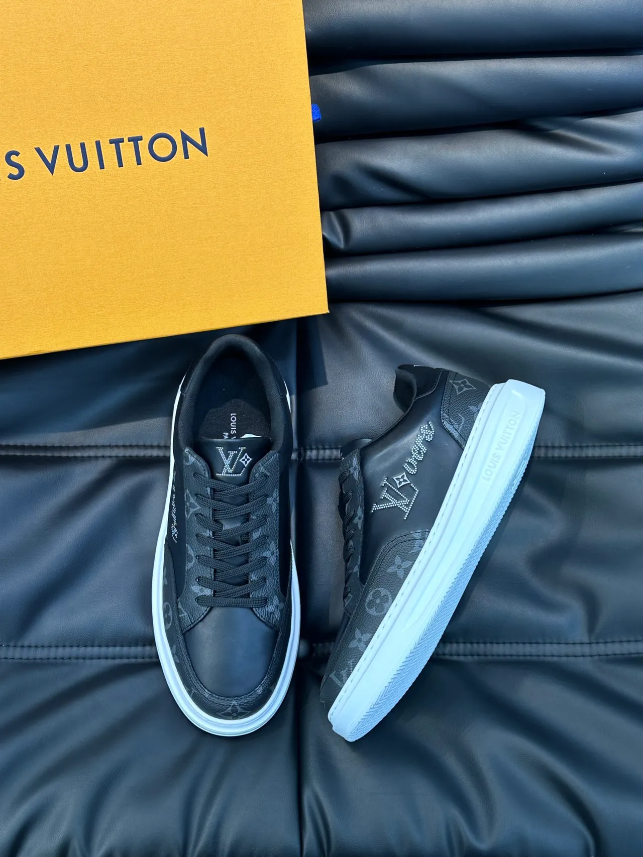 Louis Vuitton LV Trainer Black White Monogram-Print Upper Rhinestone Logo Detail Lifestyle Sneakers 4